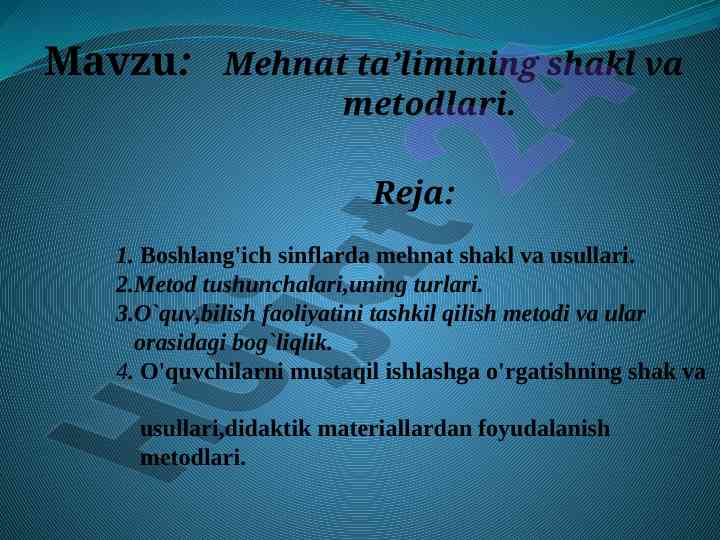 Mehnat ta'limining shakl va metodlari bo'yicha reja