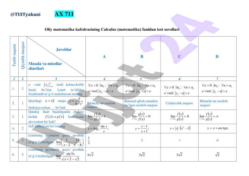 Oliy matematika calculus test savollari