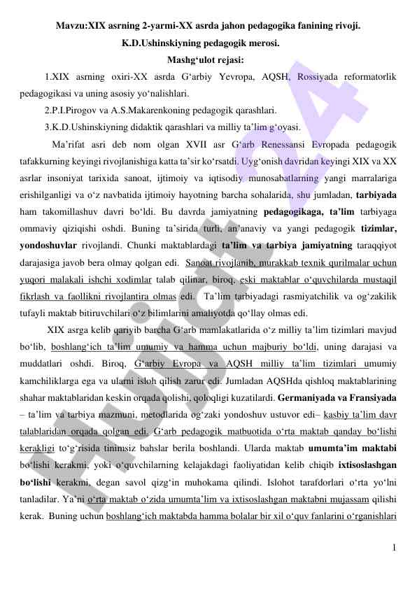 Xix asrning 2-yarmi va xx asrda pedagogika rivoji