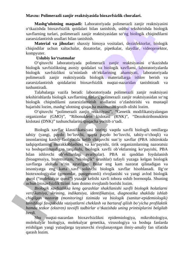 Bioxavfsizlik choralarida polimerazli zanjir reaktsiyasi