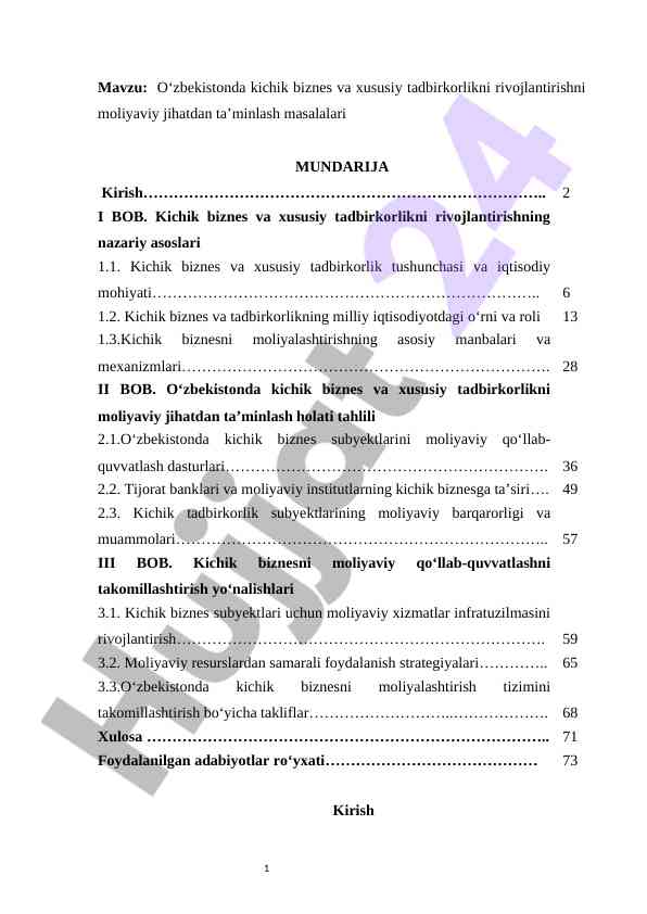 Oʻzbekistonda kichik biznes va xususiy tadbirkorlikni rivojlantirishni moliyaviy jihatdan ta’minlash masalalari