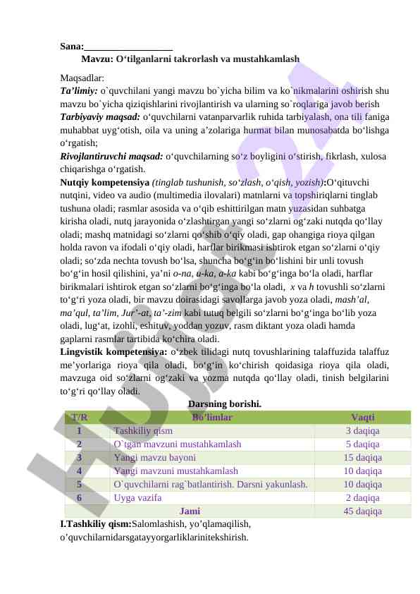 O‘tilganlarni takrorlash dars rejasi
