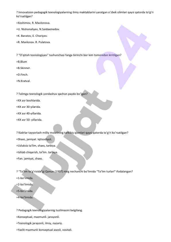 Innovatsion pedagogik texnologiyalar haqida savollar