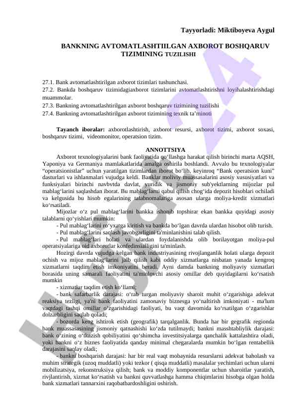 Bankning avtomatlashtirilgan axborot boshqaruv tizimi