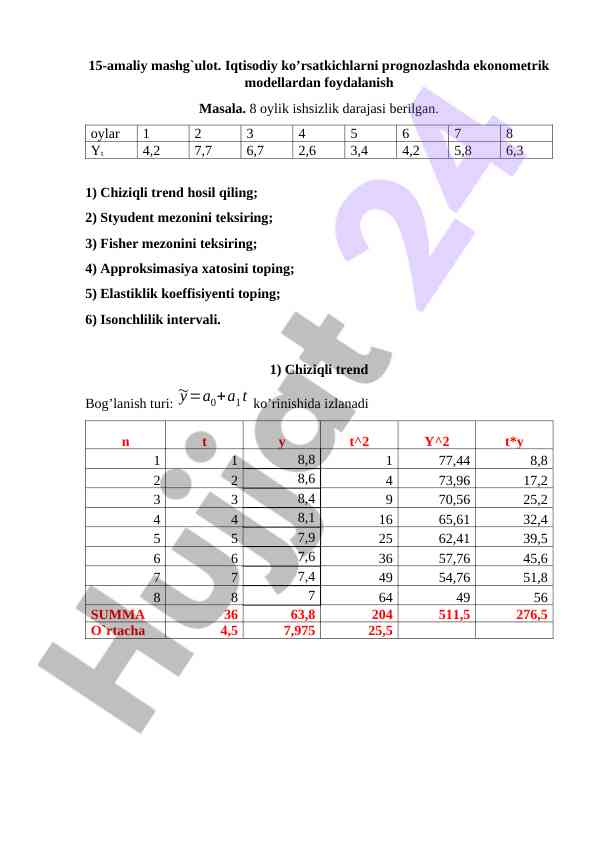 Iqtisodiy ko’rsatkichlar prognozlashda ekonometrik modellar
