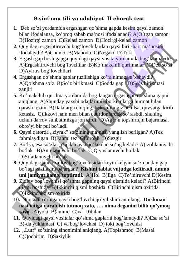 9-sinf ona tili va adabiyot test savollari