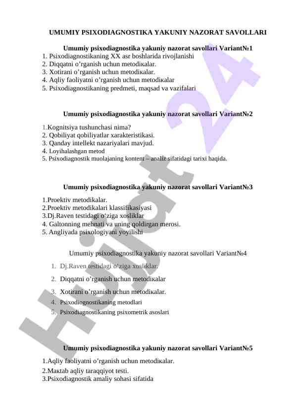 Umumiy Psixodiagnostika Yaqin Nazorat Savollari