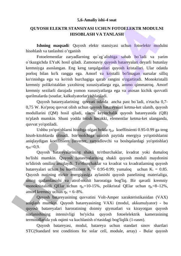 Quyosh elektr stansiyasi uchun fotoelektr modul hisobi