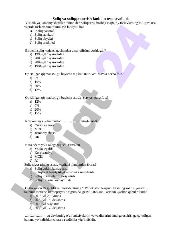 Soliq va soliqqa tortish fani bo‘yicha test savollari