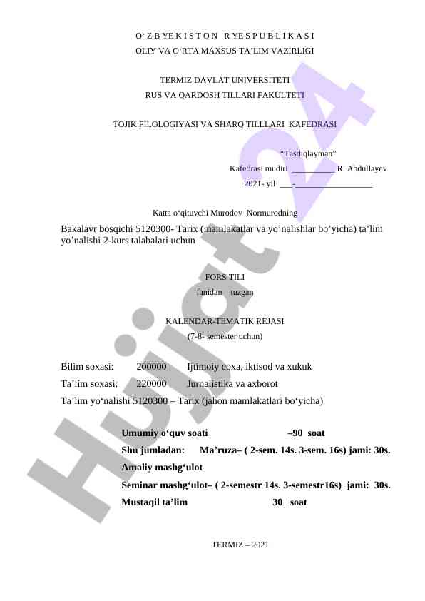 Fors tili darslarining tematik rejasi