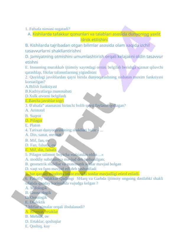 Falsafa va dunyoqarash funktsiyalari testi