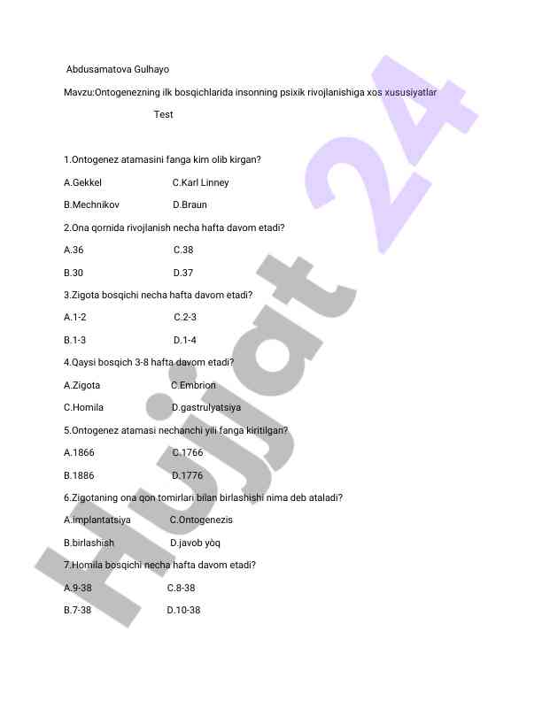 Ontogenezning inson psixik rivojlanishi testi