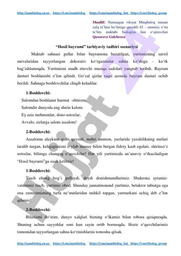 Hosil bayrami tarbiyaviy tadbirining ssenariysi