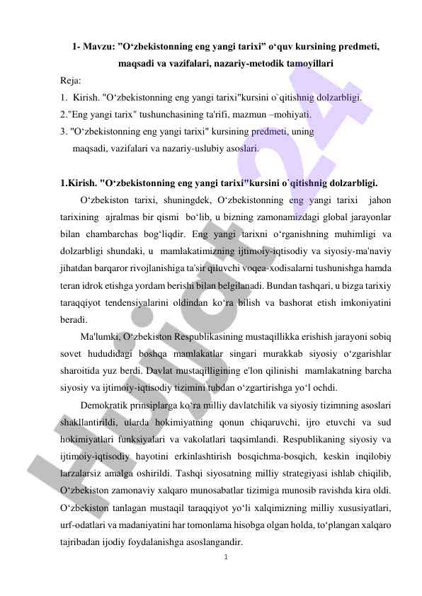 O‘zbekistonning eng yangi tarixi o‘quv kursi