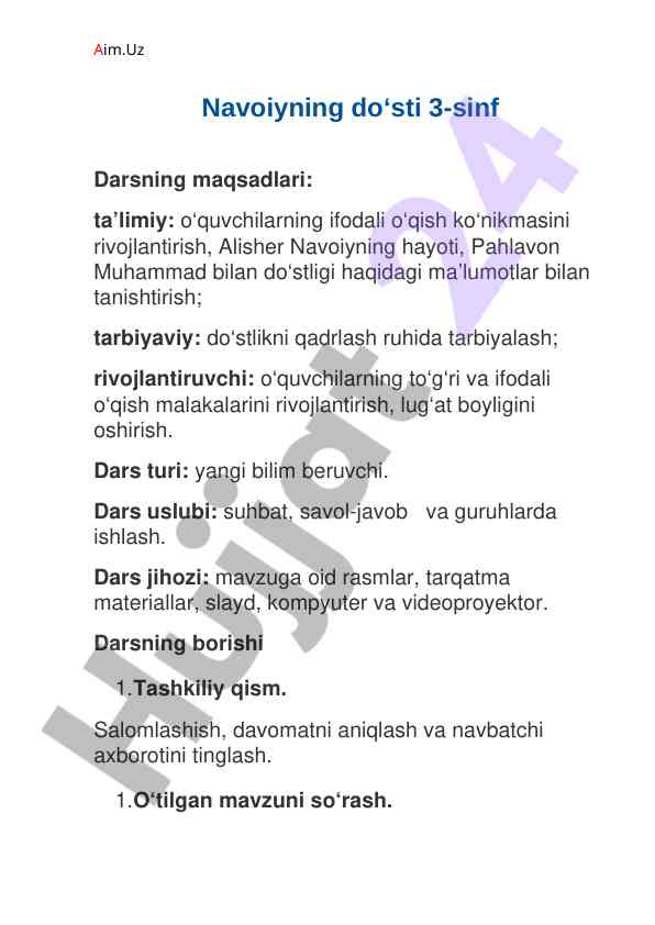 Navoiyning do‘sti 3-sinf darsining maqsadlari