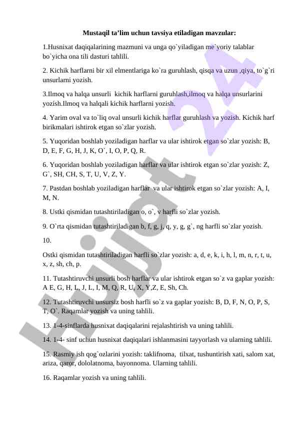 Mustaqil ta’lim uchun tavsiya etiladigan mavzular