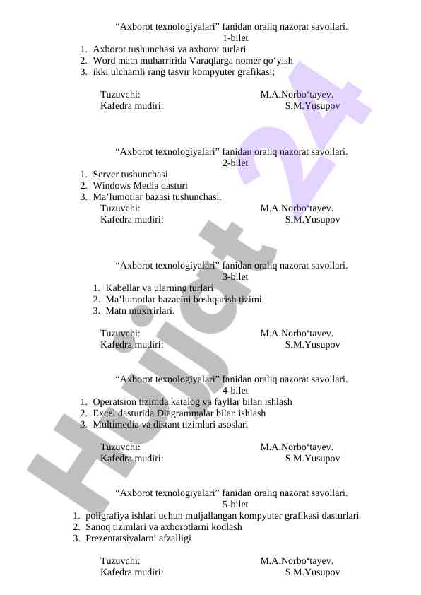Axborot texnologiyalari fanidan oraliq nazorat savollari