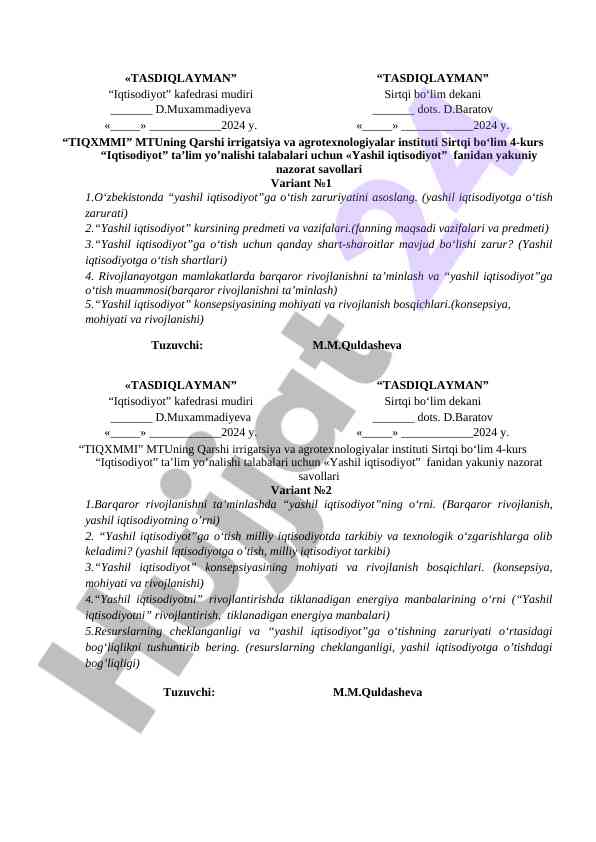 Yashil iqtisodiyot fanidan yakuniy nazorat savollari