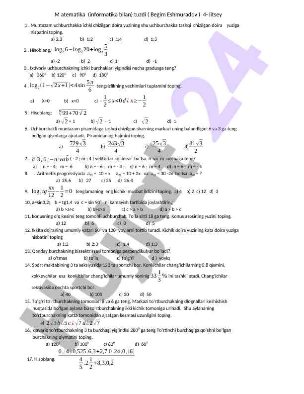 Matematik test savollari va hisoblashlar