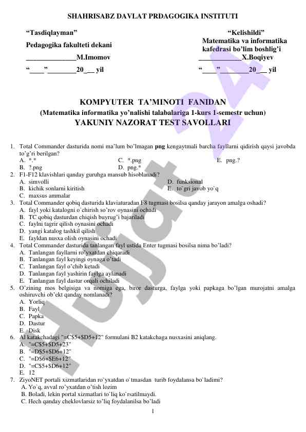 Kompyuter ta’minoti fanidan yakuniy nazorat testi