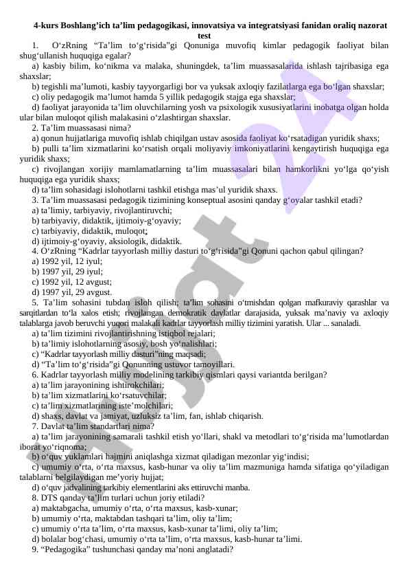 Pedagogik faoliyatga oid oraliq nazorat testi