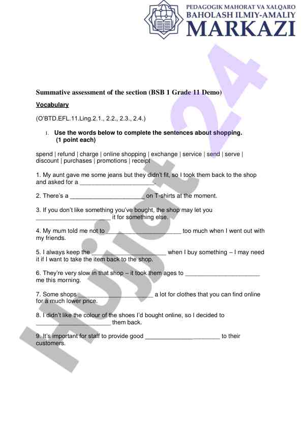 Summative assessment vocabulary for grade 11