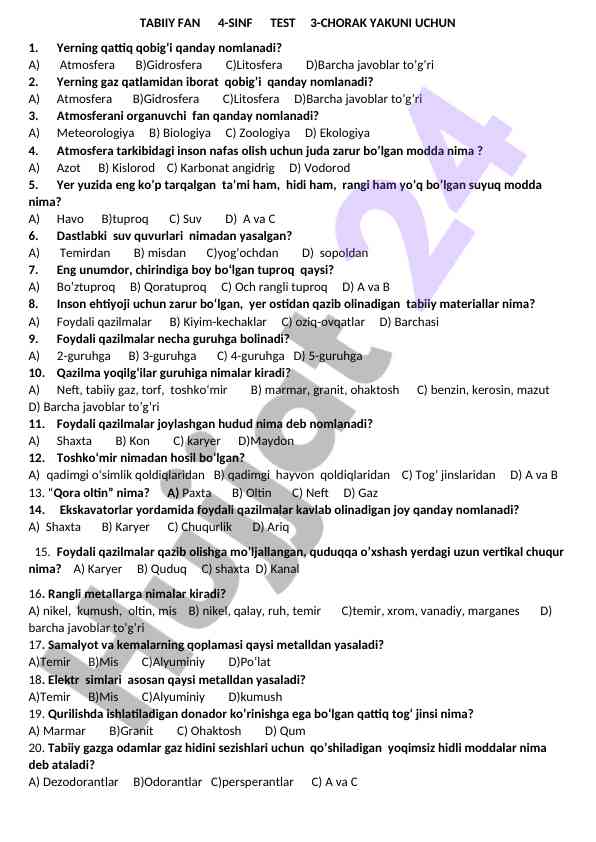 Tabiiy fan 4-sinf test 3-chorak yakuni