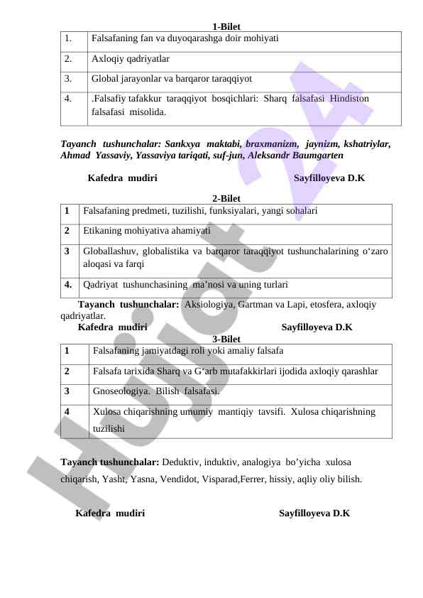 Tayanch tushunchalar bo'yicha biletlar