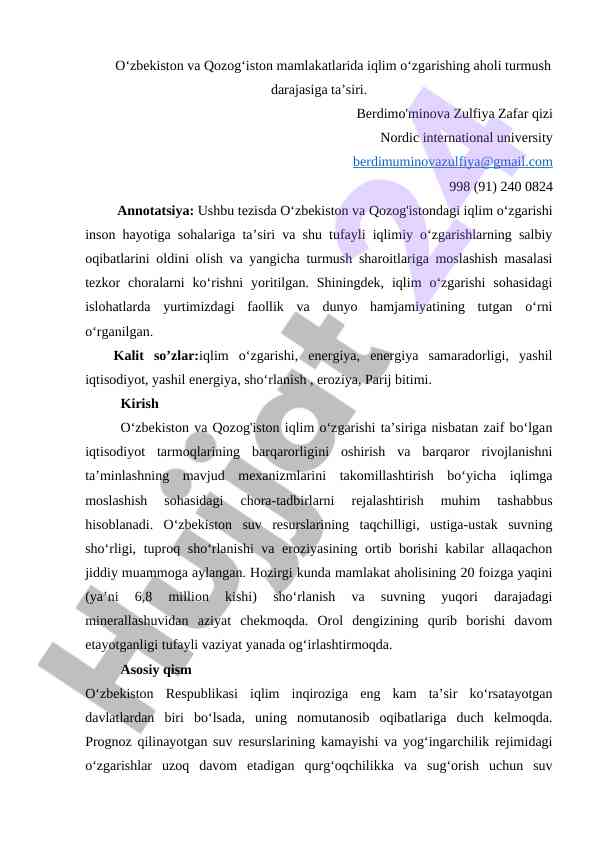 Iqlim o‘zgarishining aholi turmush darajasiga ta’siri