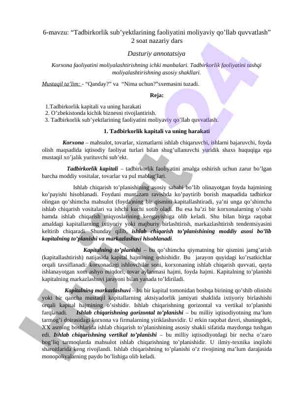Tadbirkorlik faoliyatining maliyaviy qo'llab quvvatlash