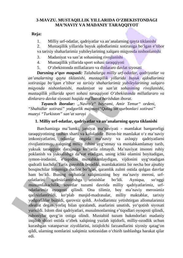 Mustaqillik yillarida o‘zbekistondagi madaniy rivojlanish