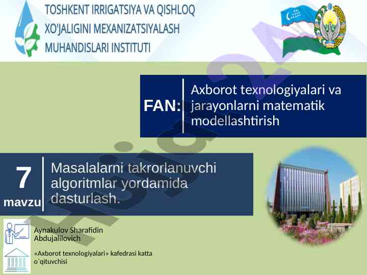 Dasturlashda takrorlanuvchi algoritmlar bo‘yicha mashqlar
