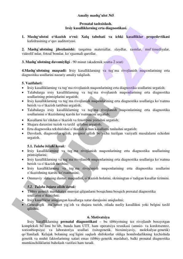 Amaliy mashg’ulot: prenatal tashxislash usullari