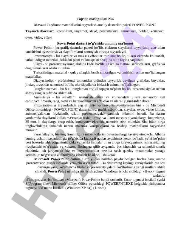 Taqdimot materiallarini tayyorlash amaliyot dasturi