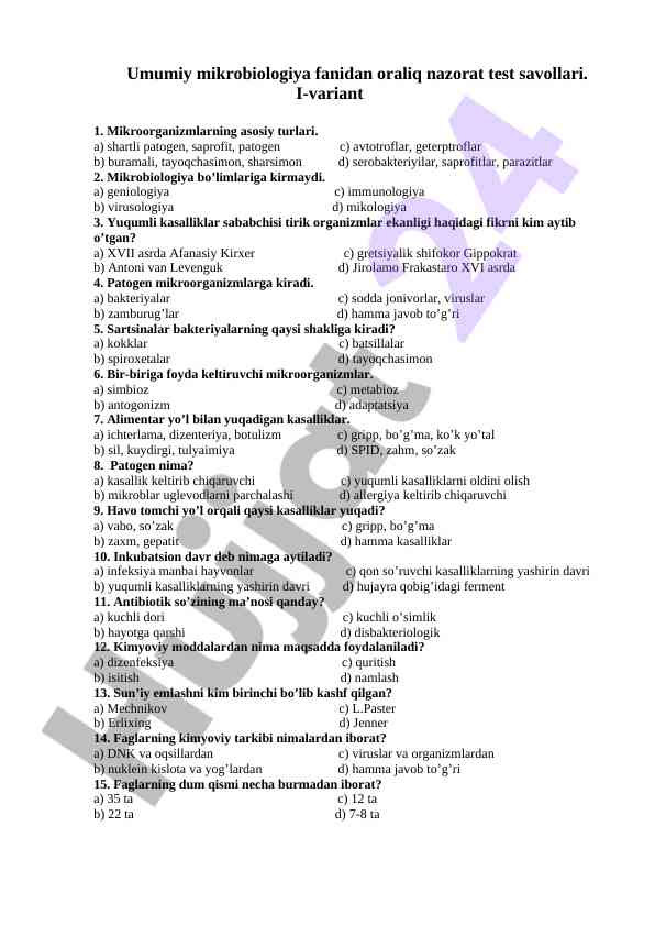Mikrobiologiya fanidan oraliq nazorat test savollari