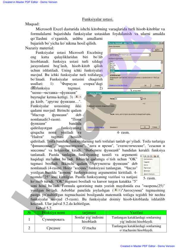 Microsoft excel funksiyalar ustasi bo‘yicha qo‘llanma