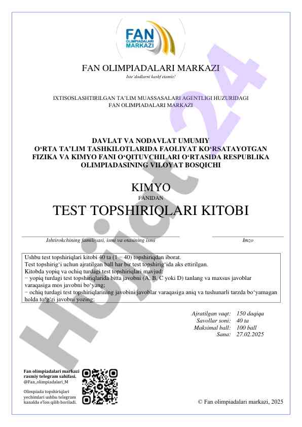 Kimyo fanidan test topshiriqlari kitobi