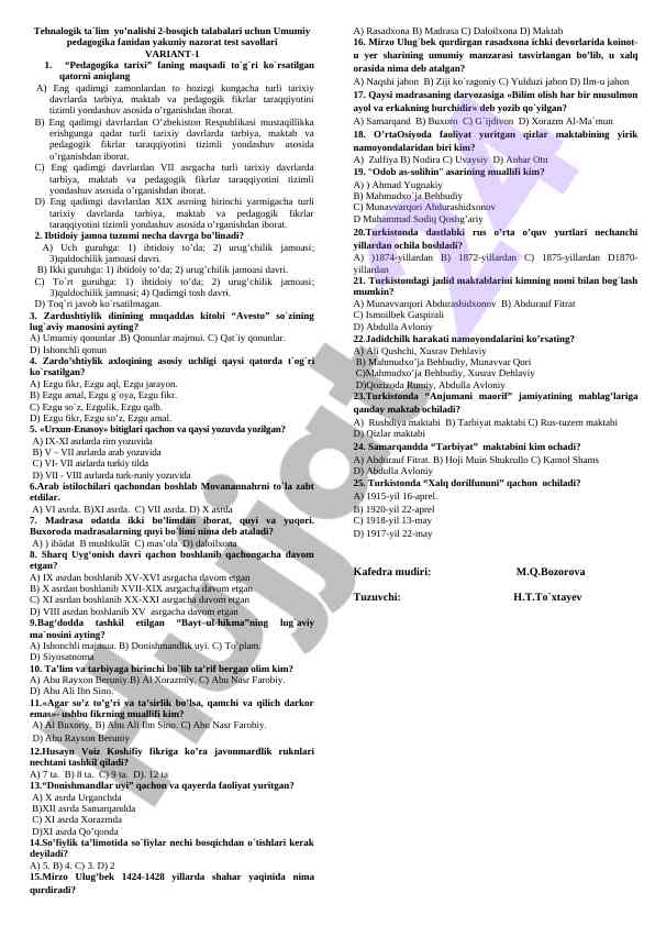 Umumiy pedagogika fanidan yakuniy nazorat testlari