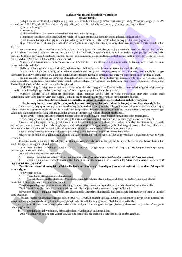 Mahalliy soliqlar va yigimlarni hisoblash tartibi