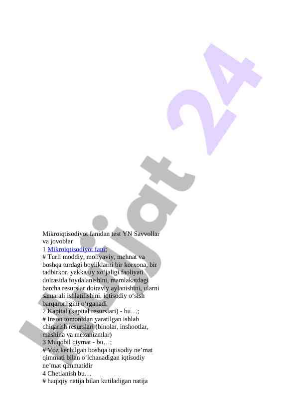 Mikroiqtisodiyot fanidan test savollari