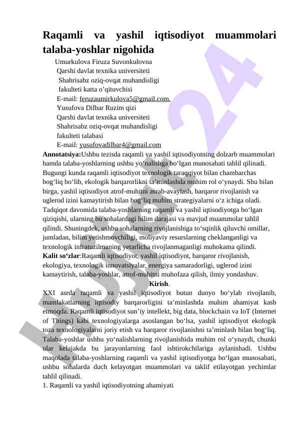 Raqamli va yashil iqtisodiyot muammolari tahlili