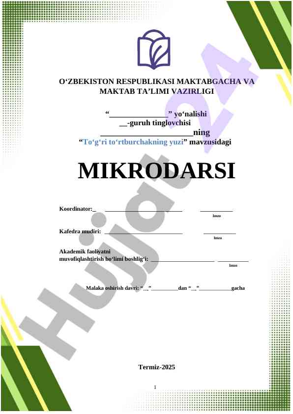 To‘g‘ri turtburchakning yuzi mavzusidagi mikrodar