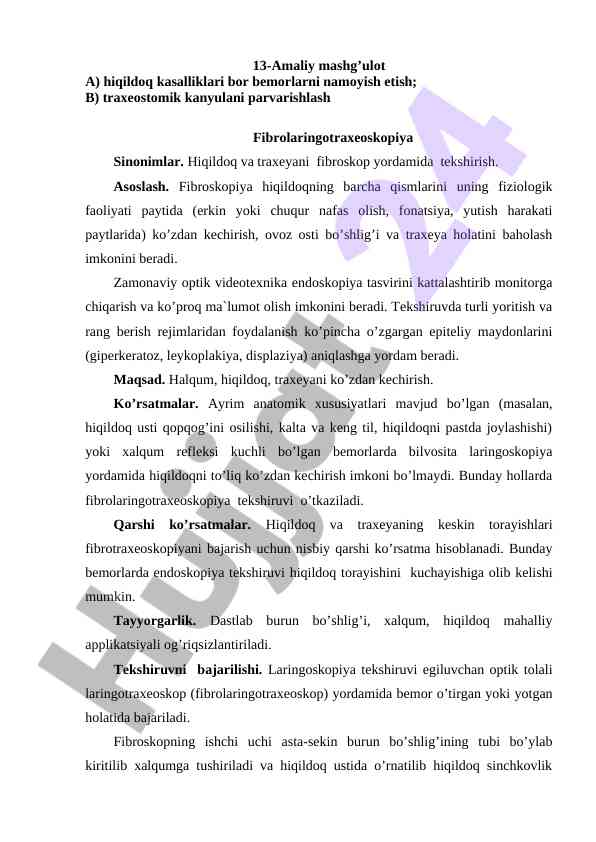 Fibrolaringotraxeoskopiya amaliy mashg‘uloti