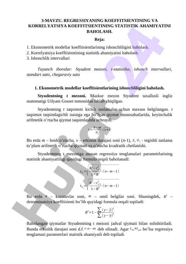 Regressiya Koeffitsientining Statistika Ahamiyati