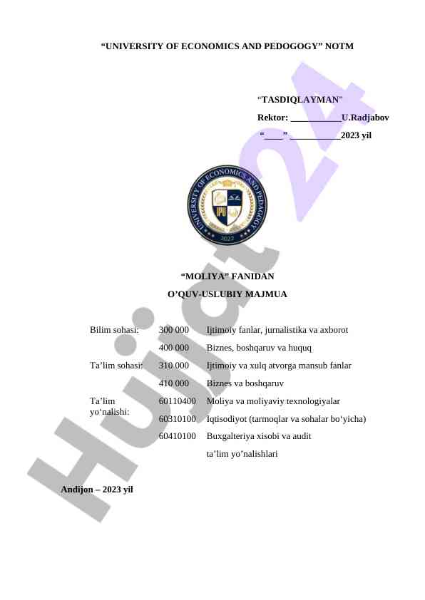 Moliya fanidan o‘quv-uslubiy majmua