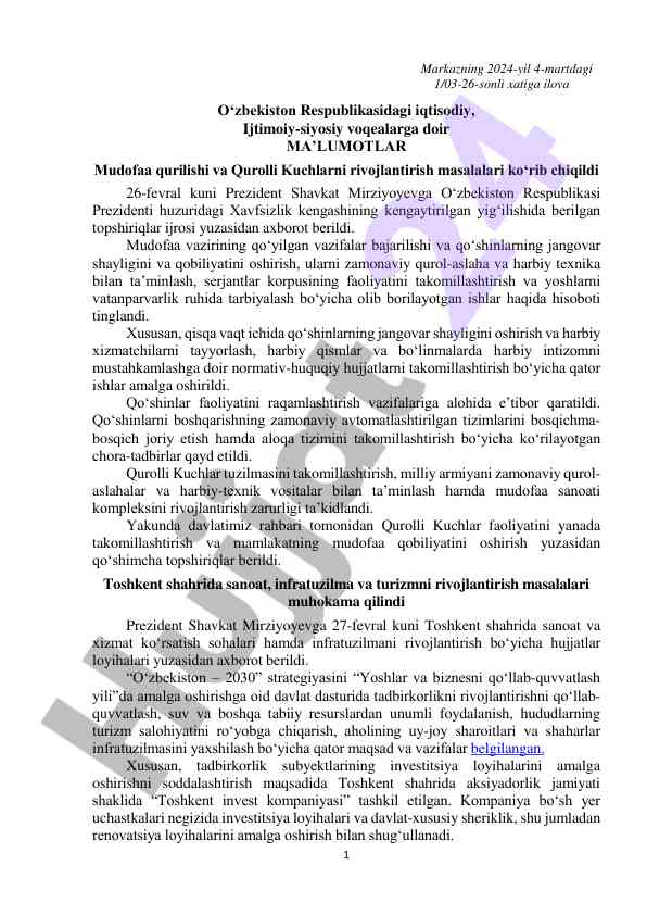 Mudofaa vazirligi faoliyati haqida hisobot 2024