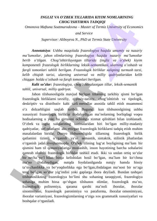 Ingliz va o'zbek tillari kiyim nomlarining chog'ishtirishi