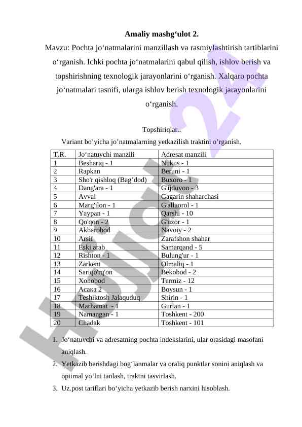 Pochta jo'natmalarini manzillash va rasmiylashtirish