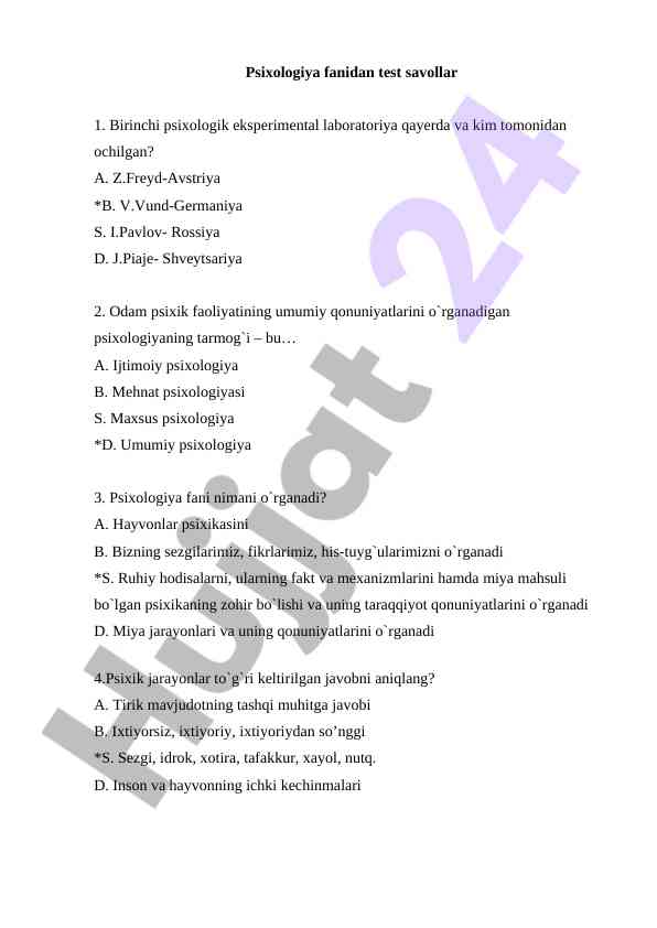 Psixologiya fanidan test savollari