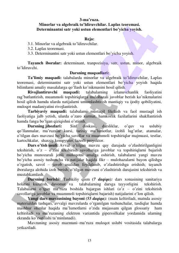Minorlar va algebraik to‘ldiruvchilar haqida dars